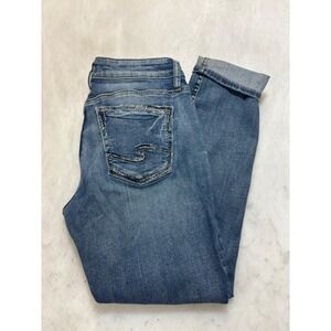 Silver Jeans Co Womens Boyfriend Jeans Blue Distressed Cuffed Cropped Size 28